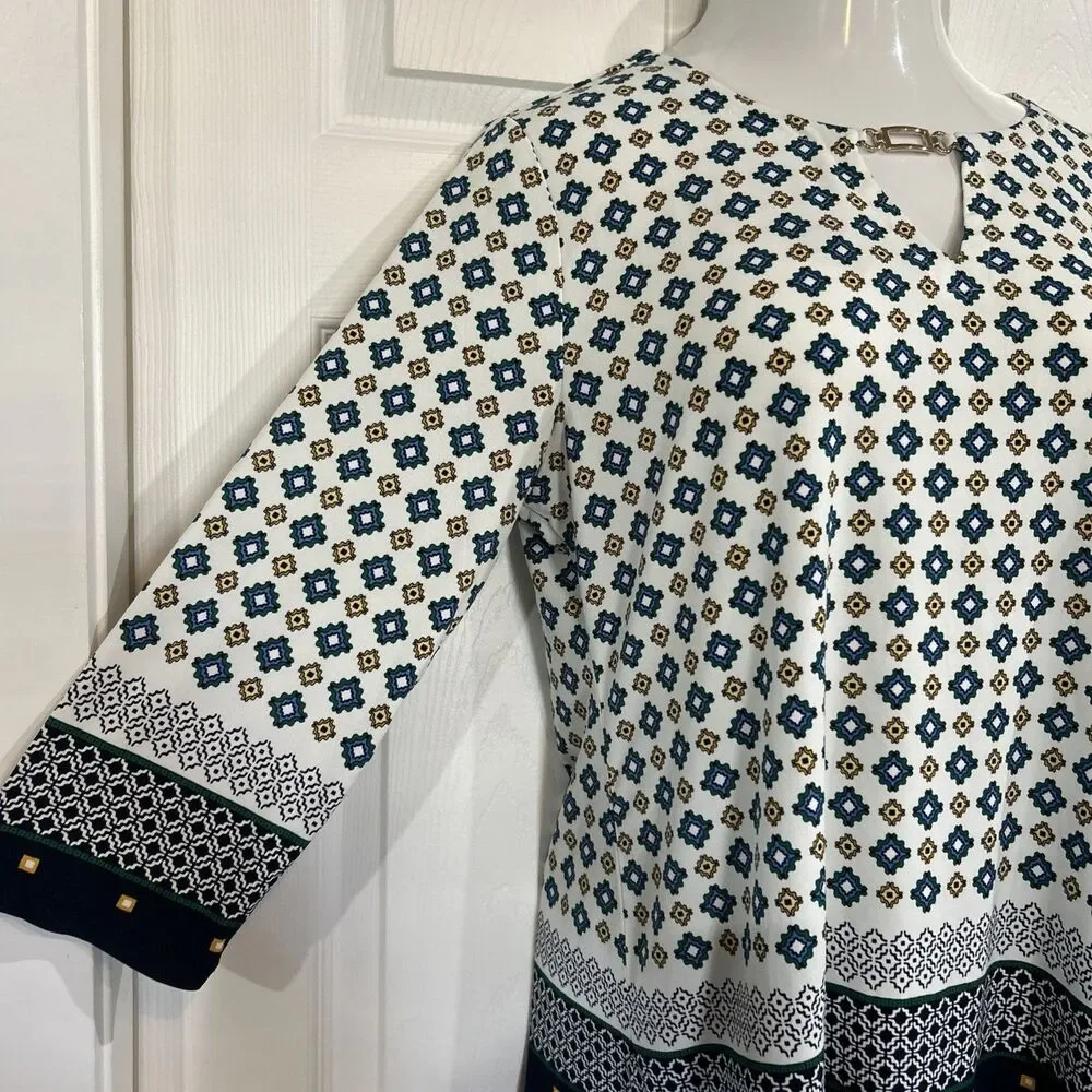 Charter Club Career Wear Women's L Tunic Blouse Stretch Knit Top Border Trim